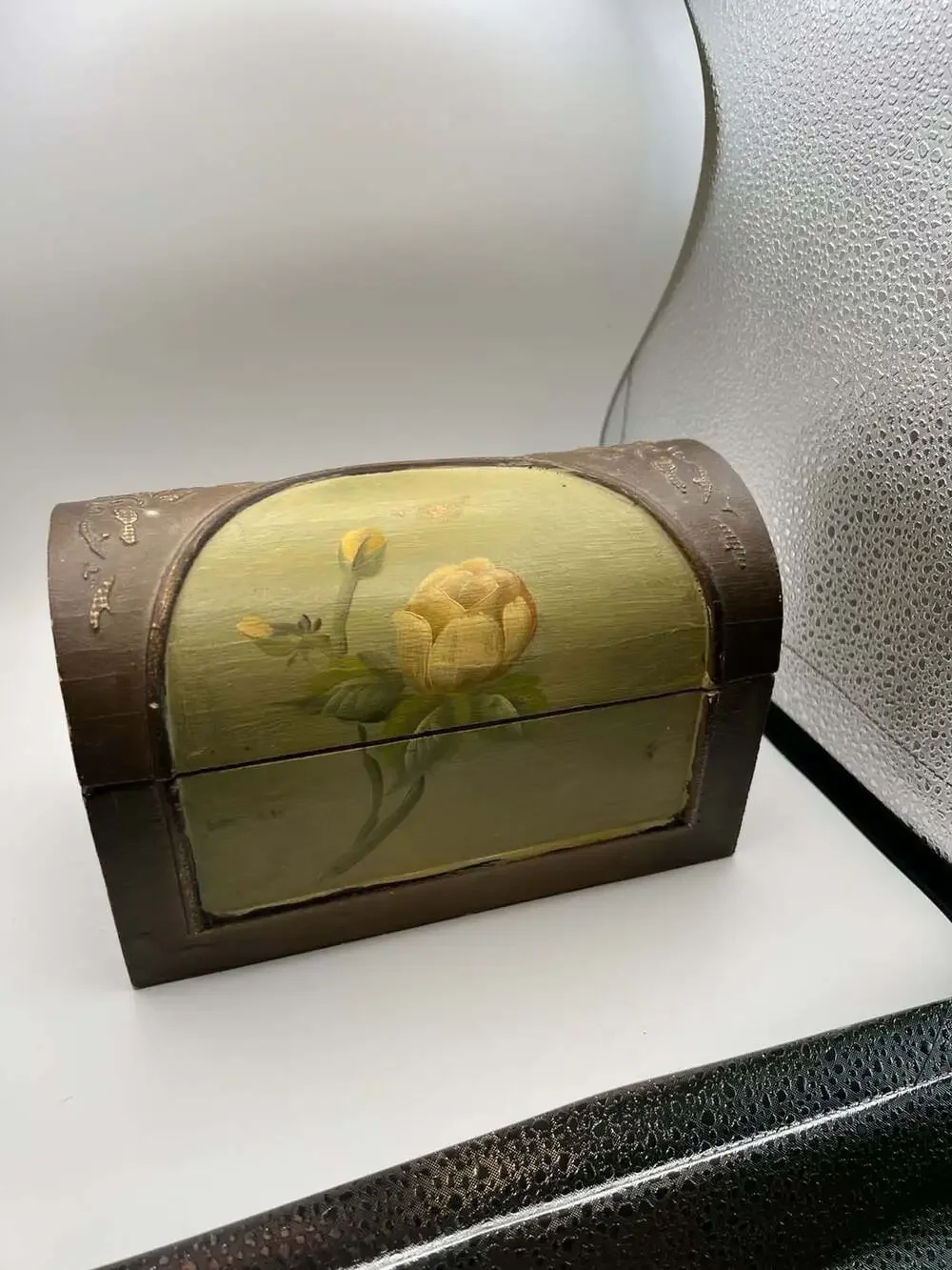 Vintage Hand-Painted Floral Dome Top Wooden Trinket Box with Velvet Lining